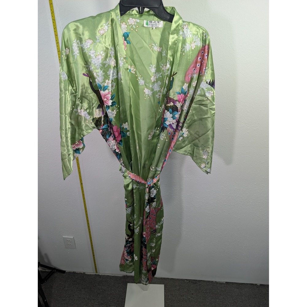 Linzhixiu Green Satin Kimono Robe Peacock Floral Print Long Wrap Belted Large